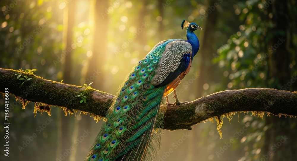 Obraz premium Peacock perched on tree branch in forest.