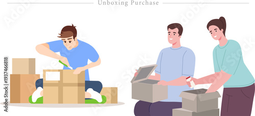 Unboxing Purchase Flat Vector Illustration E commerce Delivery Experience Set