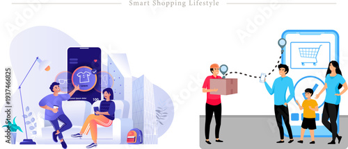 Smart Shopping Lifestyle Flat Character Illustration E commerce Online Delivery Set