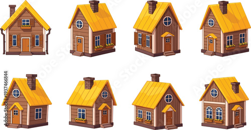 Cute Cartoon Wooden Houses Collection with Yellow Roofs, Small Cottage Home Set, Cozy Village Architecture Illustration for Real Estate and Game Design