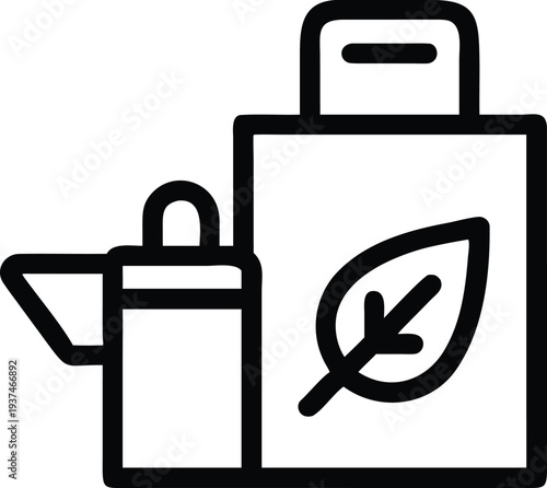 Organic natural product packaging featuring a green leaf on a bottle and bag