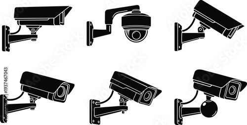Six Black Security Camera Icons With Mounting Brackets On White surveillance camera cctv