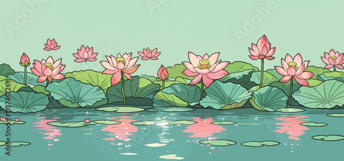 Lotus flowers grow in a pond under clear sky. Water reflects plants and pink blooms during daytime. A peaceful natural scene unfolds.