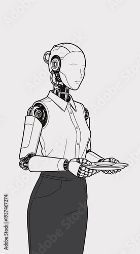 A robot stands in a dining setting, holding a plate. It appears to be ready to serve food to guests in a restaurant.