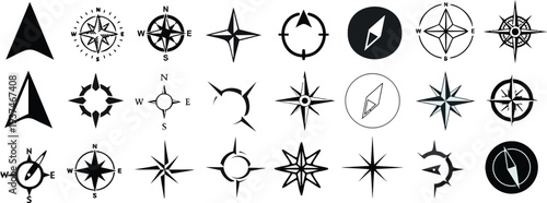 Compass icons set for navigation and orientation in different styles