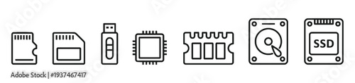 Computer hardware icons including memory cards, USB drive, CPU, RAM, HDD, SSD