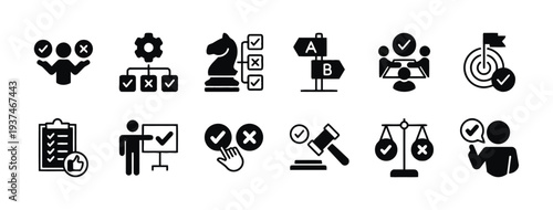 Decision making and strategic choice solid silhouette icons set