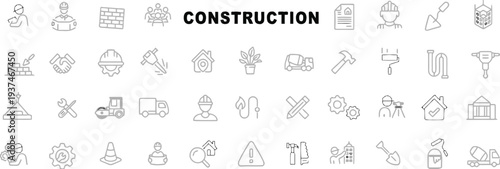 Construction icons vector set with tools and buildings on white background