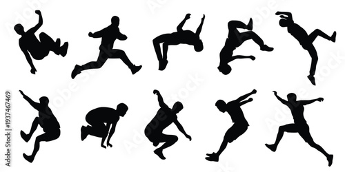 Dynamic silhouettes of people performing parkour and acrobatic movements, energetic action poses