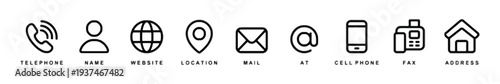 Contact information icons including telephone name website location mail at symbol cell phone fax and address