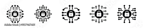 Digital security padlock on electronic circuit board vector icons