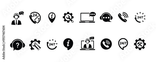 Customer support icons set for technical assistance and 24/7 service options