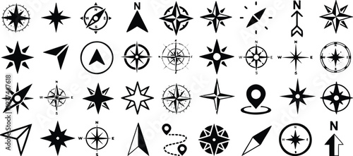Directional and compass symbols, navigation map icons for travel and guidance