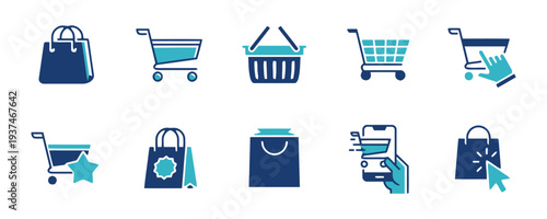 E-commerce shopping cart and bag icons in blue and teal flat style