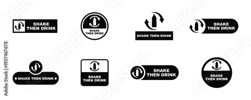 Eight different graphic icons illustrating instructions to shake bottle before drinking