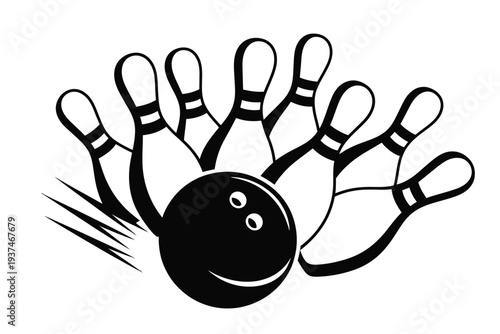 Black bowling ball hitting pins in motion, cartoon style illustration for fun and games