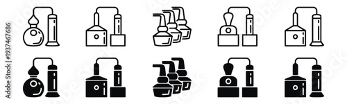 Distillation apparatus icon set for scientific research and industrial processes