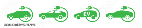 Electric car EV icons with charging plug and lightning bolt