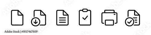 Document icons including file download checked document and printer for paperwork and office tasks
