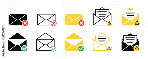 Email icons with status symbols including errors and approvals