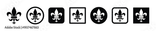 Fleur de lis symbols in various decorative frames, heraldic emblem design