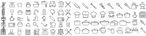 Extensive collection of kitchenware and cooking utensil icons for culinary themes