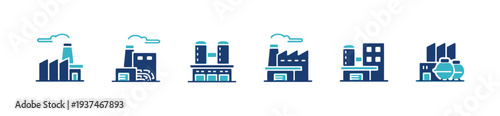 Factory and industrial building icons in dark blue and light blue colors