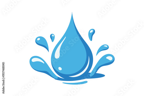 Blue water drop illustration with splashes on white background