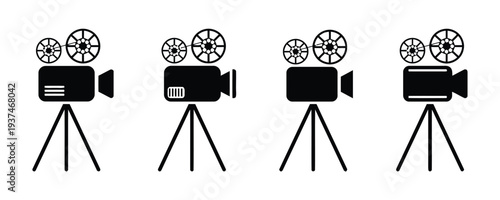Four vintage film camera icons on tripods in black silhouette