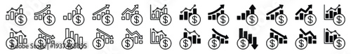Financial graph and chart icons with dollar coin, showing growth and decline trends