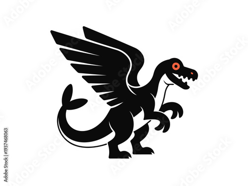 Black winged dinosaur creature with red eyes and sharp teeth on white background illustration