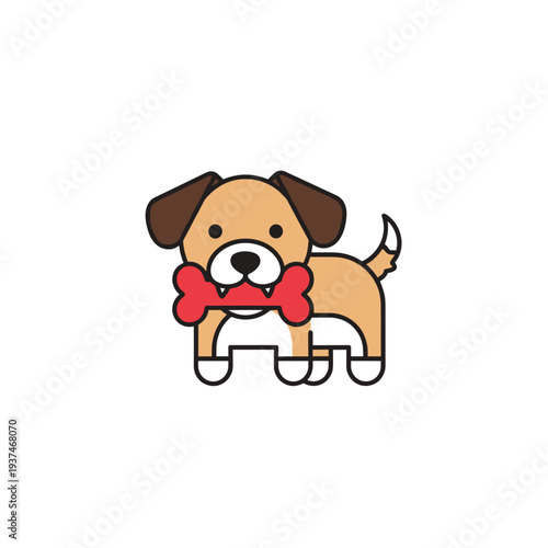 Cute brown puppy holding red chew bone toy for pet training illustration