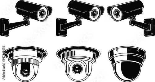Surveillance Security Cameras Icons Set Black and White Vector Graphics Keywords: security camera, surveillance camera, cctv