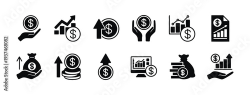 Financial growth and investment icons set representing profit and success