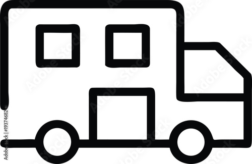 Outline icon of a family friendly camper van, representing spacious travel and adventure