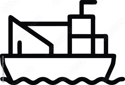 Outline Icon of a Fishing Trawler Ship with Crane on Waves Representing Maritime Industry