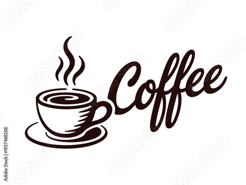 Steaming hot coffee cup illustration with saucer and text