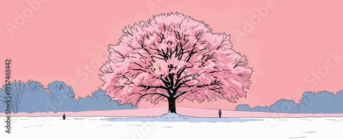 A cherry blossom tree offers bright pink flowers in a snowy field as two people walk in the distance during twilight hours.