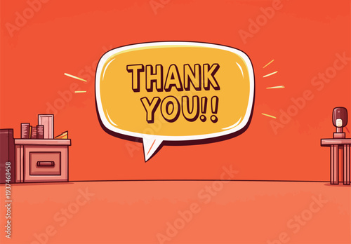 A cartoon style thank you message appears on a bright orange background. Simple speech bubble shapes surround the text.