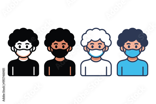 Diverse group of people wearing face masks, illustration of four cartoon characters with different skin tones