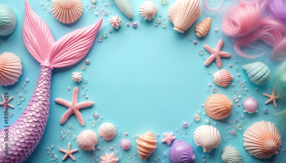 Fototapeta premium Pink mermaid tail with pastel seashells starfish and pearls arranged on blue background. Underwater fantasy scene for girls fairytale magic dream. Cute ocean party backdrop.