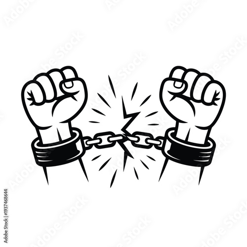 Breaking Free from Chains Illustration in Black and White with Fists and Handcuffs