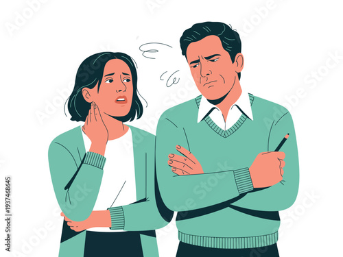 Concerned couple in green sweaters discussing issue with worried expressions and crossed arms