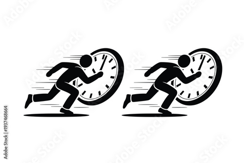 Black stick figures running with clocks, motion blur, speed concept, time management illustration