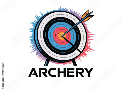 Colorful Archery Target with Arrow and Text on White Background