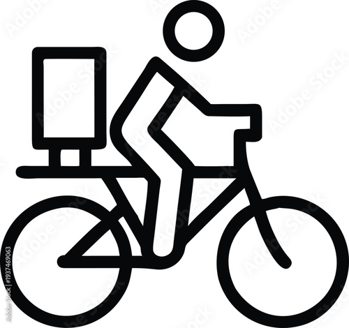 Outline illustration of a person riding a bicycle with a delivery box