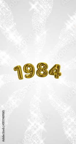 1984 number - 3D Golden foil balloon floating on spiral gray glitter background