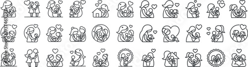 Mother and child love vector icon set featuring minimalist line art silhouettes of mom hugging baby with hearts for Happy Mothers Day greeting cards parenting blogs maternity logos and family care UI