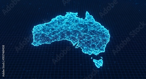 Glowing blue map of australia on dark grid background