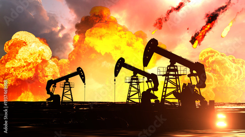 Oil pump jacks silhouettes against massive explosion and fire at oil field from missiles during the war with Iran dramatic 3D render concept

